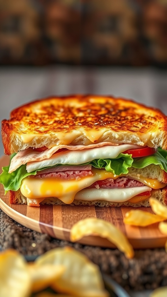 Savory 7/11 Style Toasted Sandwich Recipe A toasted sandwich with melted cheese and deli meat, served with potato chips on a wooden board.